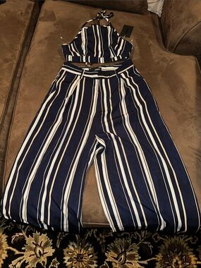 Navy & White Striped Wide-Leg Two Piece Set